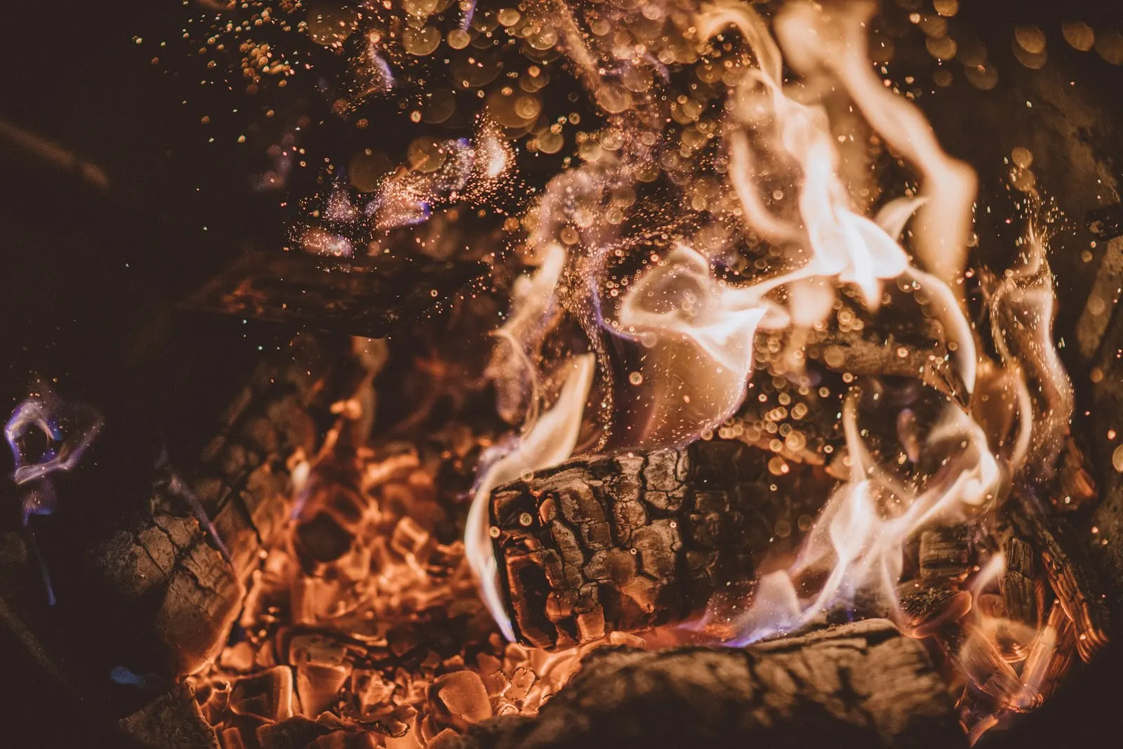 Bûches en pleine combustion, flammes claires et étincelles